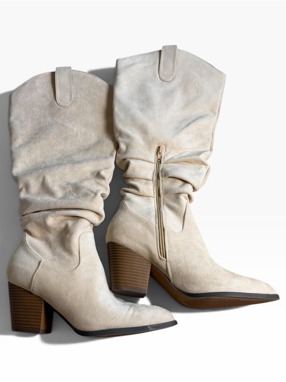 Cream Suede Slouch Mid-Calf Heeled Boots